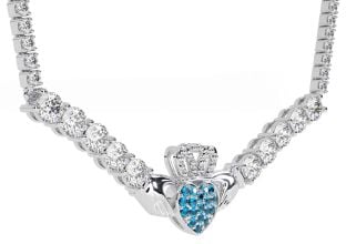 Diamond Topaz White Gold Claddagh Necklace