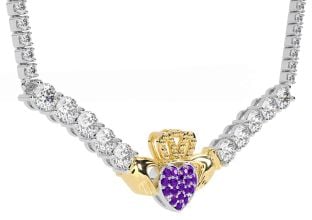 Diamond Amethyst White Yellow Gold Claddagh Necklace