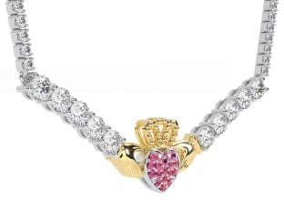 Diamond Pink Tourmaline White Yellow Gold Claddagh Necklace