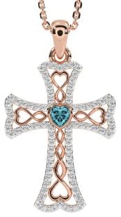 Diamond Aquamarine Rose Gold Silver Celtic Cross Necklace