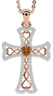 Diamond Citrine Rose Gold Silver Celtic Cross Necklace