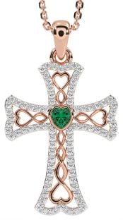 Diamond Emerald Rose Gold Silver Celtic Cross Necklace