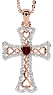 Diamond Garnet Rose Gold Silver Celtic Cross Necklace