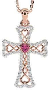 Diamond Pink Tourmaline Rose Gold Silver Celtic Cross Necklace