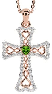 Diamond Peridot Rose Gold Silver Celtic Cross Necklace