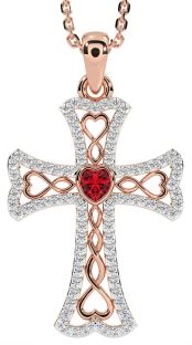 Diamond Ruby Rose Gold Silver Celtic Cross Necklace