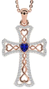 Diamond Sapphire Rose Gold Silver Celtic Cross Necklace