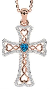 Diamond Topaz Rose Gold Silver Celtic Cross Necklace