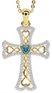 Diamond Aquamarine Gold Silver Celtic Cross Necklace