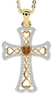 Diamond Citrine Gold Silver Celtic Cross Necklace