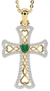 Diamond Emerald Gold Silver Celtic Cross Necklace