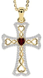 Diamond Garnet Gold Silver Celtic Cross Necklace