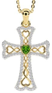 Diamond Peridot Gold Silver Celtic Cross Necklace