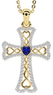 Diamond Sapphire Gold Silver Celtic Cross Necklace