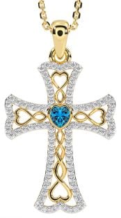 Diamond Topaz Gold Silver Celtic Cross Necklace