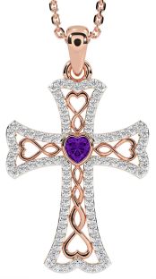 Diamond Amethyst Rose Gold Celtic Cross Necklace