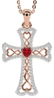 Diamond Ruby Rose Gold Celtic Cross Necklace