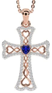 Diamond Sapphire Rose Gold Celtic Cross Necklace