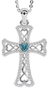 Diamond Aquamarine Silver Celtic Cross Necklace