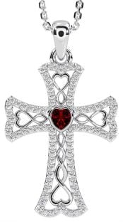 Diamond Garnet Silver Celtic Cross Necklace