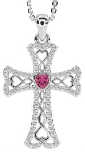 Diamond Pink Tourmaline Silver Celtic Cross Necklace