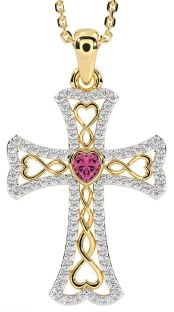 Diamond Pink Tourmaline Gold Celtic Cross Necklace