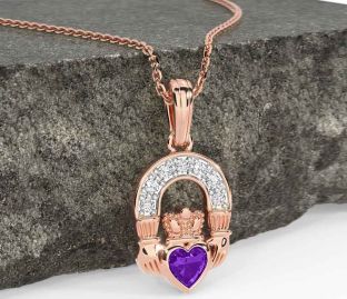 Diamond Amethyst Rose Gold Silver Claddagh Necklace