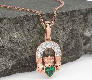 Diamond Emerald Rose Gold Silver Claddagh Necklace