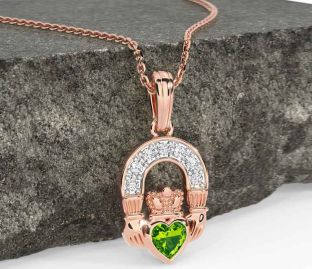 Diamond Peridot Rose Gold Silver Claddagh Necklace