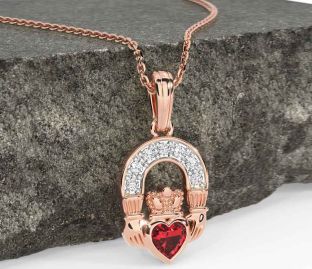 Diamond Ruby Rose Gold Silver Claddagh Necklace