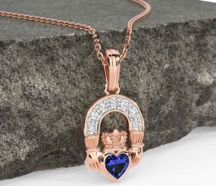 Diamond Sapphire Rose Gold Silver Claddagh Necklace