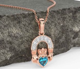Diamond Topaz Rose Gold Silver Claddagh Necklace