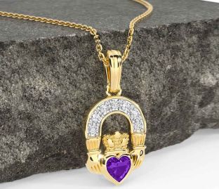 Diamond Amethyst Gold Silver Claddagh Necklace