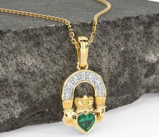 Diamond Emerald Gold Silver Claddagh Necklace