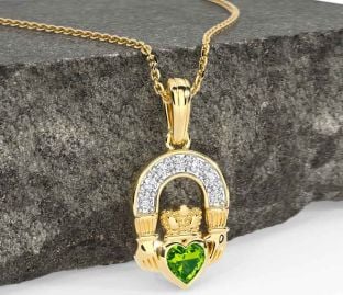 Diamond Peridot Gold Silver Claddagh Necklace