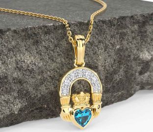 Diamond Topaz Gold Silver Claddagh Necklace