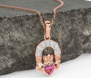 Diamond Pink Tourmaline Rose Gold Claddagh Necklace