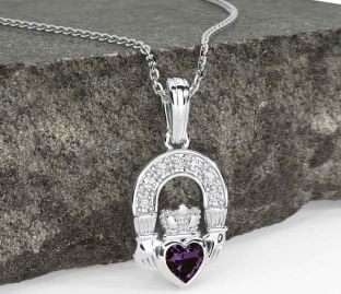 Diamond Alexandrite Silver Claddagh Necklace