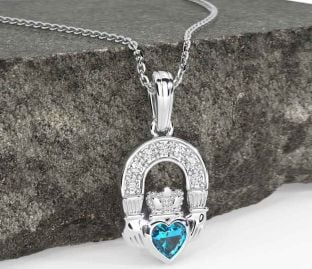 Diamond Topaz White Gold Claddagh Necklace