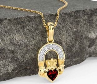Diamond Garnet Gold Claddagh Necklace
