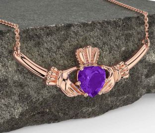 Amethyst Rose Gold Silver Claddagh Necklace