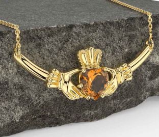 Citrine Gold Silver Claddagh Necklace