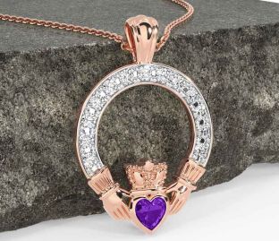 Diamond Amethyst Rose Gold Silver Claddagh Necklace