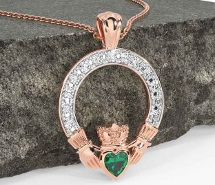 Diamond Emerald Rose Gold Silver Claddagh Necklace