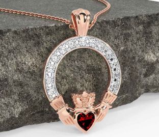 Diamond Garnet Rose Gold Silver Claddagh Necklace