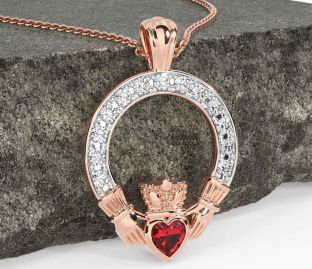 Diamond Ruby Rose Gold Silver Claddagh Necklace