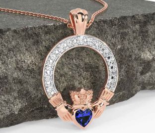 Diamond Sapphire Rose Gold Silver Claddagh Necklace