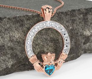 Diamond Topaz Rose Gold Silver Claddagh Necklace
