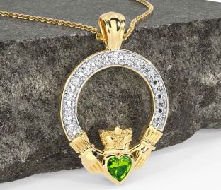 Diamond Peridot Gold Silver Claddagh Necklace