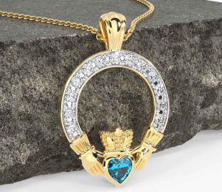 Diamond Topaz Gold Silver Claddagh Necklace